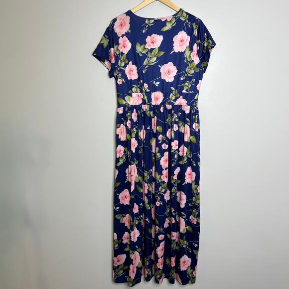 Blue Floral Rose Short Sleeve Maxi Dress - Picture 5 of 8
